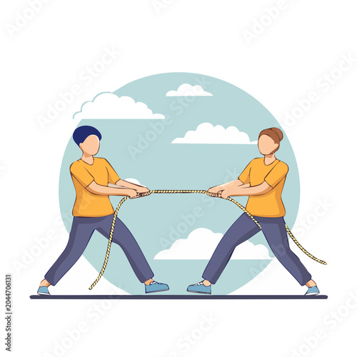 Two people playing tug of war in a flat design style