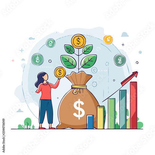 Woman planting coin in money bag with financial growth graph
