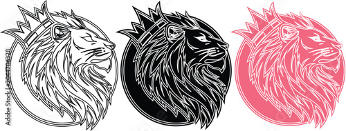 Canvas Print Lion head logos with royal crowns in three distinct variations isolated on white surface