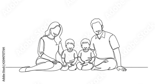 Happy Family Portrait: Parents and Two Young Sons Sitting Together, One Line Drawing