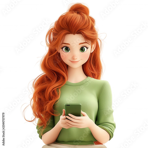 Young woman character smiling, using smartphone for communication, social media, and digital on transparent background content