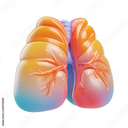 Human lung anatomy model showing respiratory system health, medicine, and care with vibrant colors transparent background