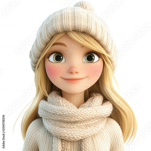 Cute blonde cartoon girl smiling, wearing a knitted beanie and scarf, portraying winter fashion and background cozy comfort. Transparent