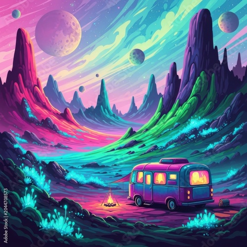 colorful camper van on alien planet