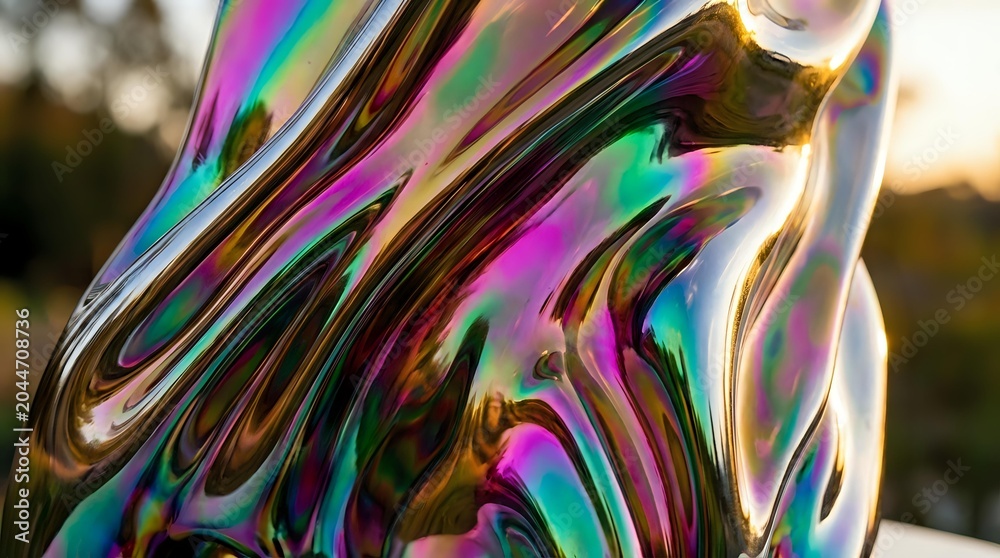 Fototapeta premium Liquid metallic surface with flowing iridescent waves in magenta, cyan, and gold tones, creating an abstract holographic effect with reflective depth and contemporary visual appeal.