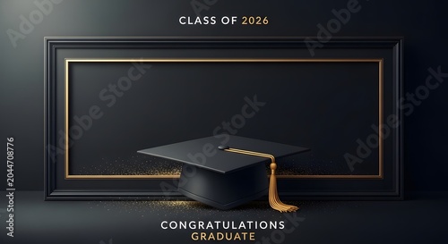 Congratulations graduate class of 2026 banner with black mortarboard cap and gold frame on dark background with glitter