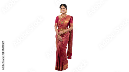Indian beautiful young indian woman in traditional kanchipuram silk saree and gold jewelry, smiling and looking at camera, isolated on transparent background indian