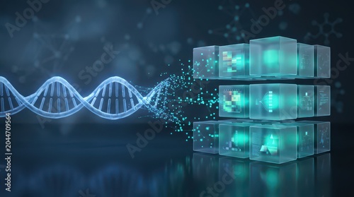 A digital DNA strand is analyzed and deconstructed next to glowing futuristic data blocks on a dark blue background, symbolizing genetic data and bioinformatics.