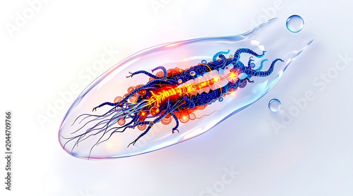 Transparent biomedical organism with crystal clear vessel showing internal glowing structures and filamentous appendage in sterile environment