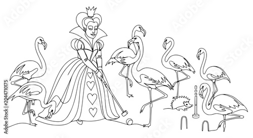 Εκτύπωση καμβά Queen of Hearts playing flamingo croquet with hedgehogs and card suits
