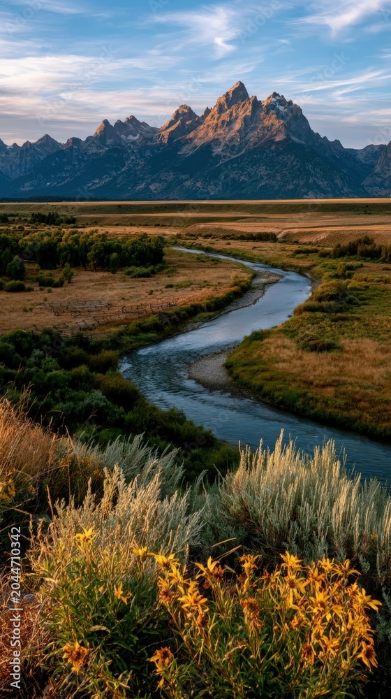 Naklejka premium Scenic view of Grand Teton mountain range with winding river through valley at sunset with wildflowers in foreground