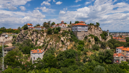 aerial Roman Theatre of Philippopolis nestled within the historic old town district and sweeping cityscape of Plovdiv Bulgaria