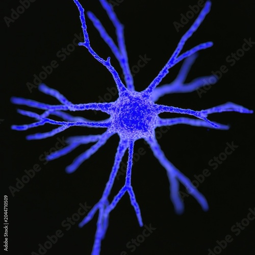 Blue glowing neuron cell with dendrites and axon on black background, microscopic view of nerve cell structure