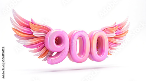 Pink 900 Number with Angel Wings 3D Render, Celebration Milestone, Social Media Achievement Concept