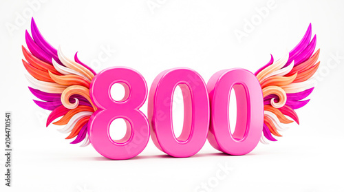 800 Followers Milestone with Pink Angel Wings – Glossy 3D Achievement and Celebration Concept on White Background