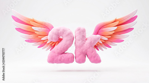 Pink 2K Milestone with Angel Wings – 3D Plush Number and Letter Celebration Concept on White Background