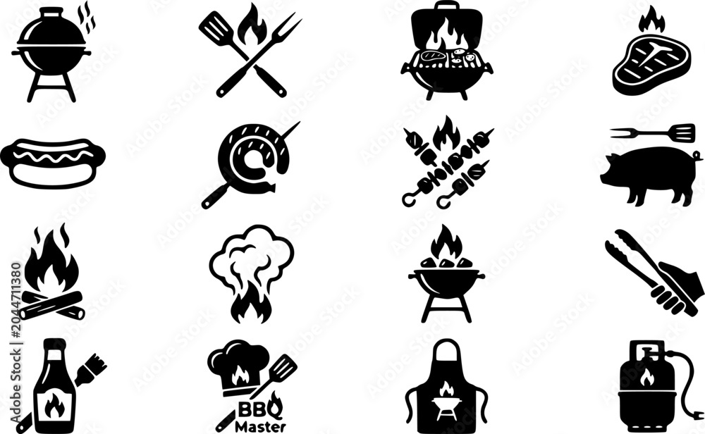 Naklejka premium Barbecue Grill Icon Set Featuring BBQ Tools, Grilled Meat, Hot Dog, Sausage, Skewers, Fire Flame, Smoke and Outdoor Cooking Symbols