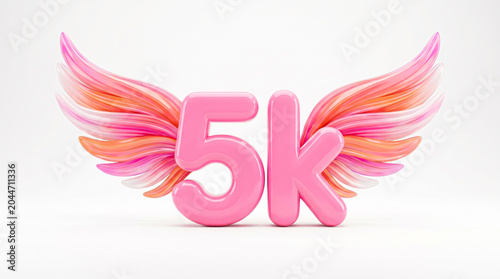 Pink 5K Symbol with Angel Wings – Glossy 3D Ultra HD Typography Isolated on White Background