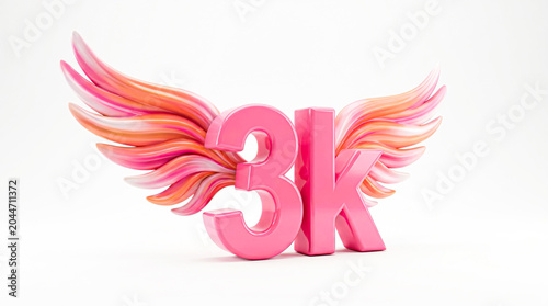 Pink 3K Symbol with Angel Wings – Glossy 3D Ultra HD Typography Isolated on White Background