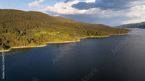 Aerial drone panorama over the scenic Dospat Reservoir, Bulagria