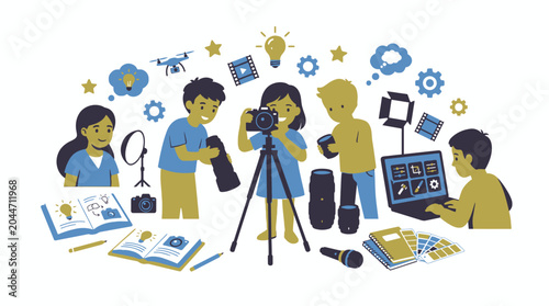 Children learning photography and video production with creative tools