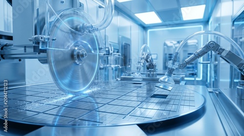 Blue-toned industrial facility with machinery and tiled floor