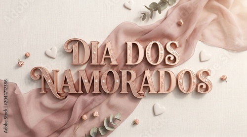 Visão superior de letreiro 3D decorativo “Dia dos Namorados” em composição romântica moderna com estética publicitária elegante