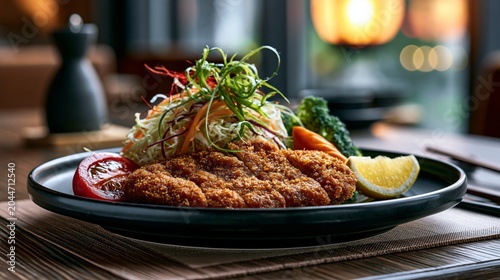 Freshly fried tonkatsu with a golden crust, displayed on a black plate against a blurred dining backdrop.