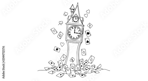Fotografie Whimsical Clock Tower Falling Playing Cards and Hearts Line Art