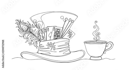 Mad Hatter's Tea Party: Curious Hat with Playing Cards and Feather next to Steaming Cup