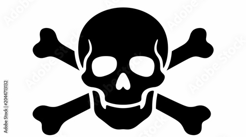 Jolly Roger pirate symbol featuring a classic human skull vector icon with crossbones isolated on a clean white background, representative of maritime history, danger, and swashbuckling adventure.