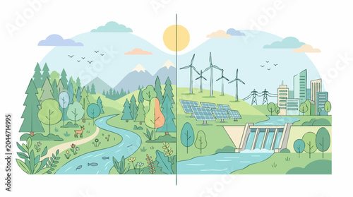 Comparison of Nature vs. Industry: A visual representation contrasting a pristine, natural landscape with a developed area powered by renewable energy sources like wind turbines and solar panels.
