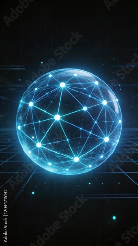 Glowing blue network sphere on dark background