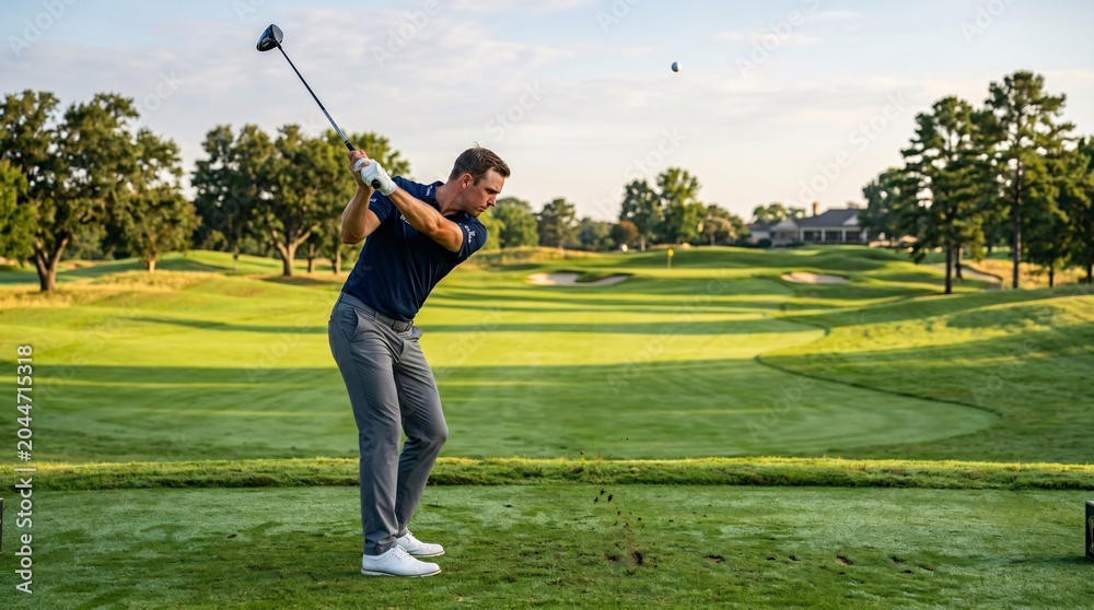 Obraz premium Man hitting a golf ball on a golf course during daytime with a backdrop of lush green trees and fairways