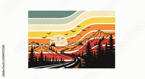 Retro Sunset Mountain Road Trip Vintage Adventure