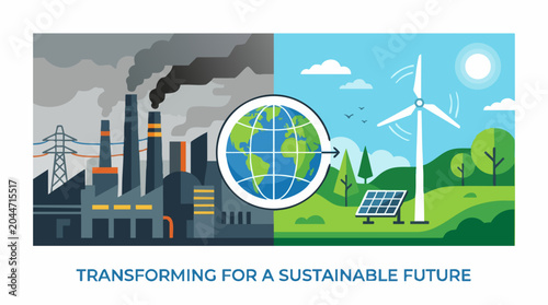 Transforming for a Sustainable Future: A visual representation of industrial pollution contrasted with renewable energy sources.