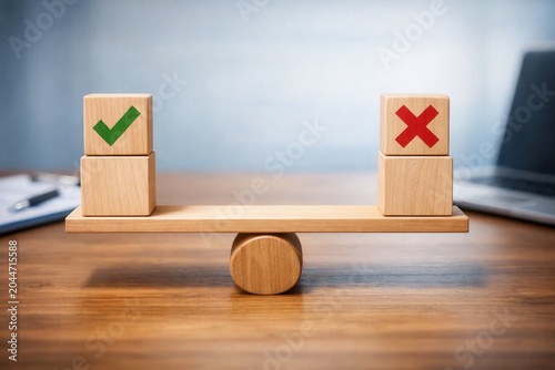 Wooden balance scale with checkmark and cross symbols showing decision making and business choice