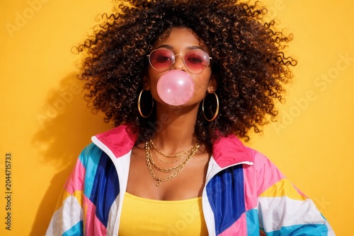 Stylish afro woman blowing bubble gum in colorful retro fashion outfit against bright yellow wall