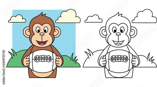 Canvas Print Cute Cartoon Monkey Holding a Football on a Grassy Hill with Blue Sky and Clouds
