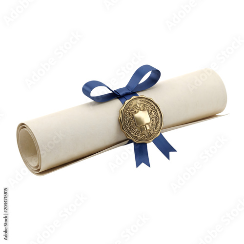 Diploma scroll with seal ribbon isolated on transparent background