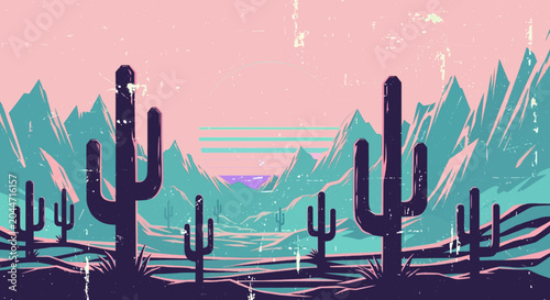 Retro Desert Sunset Synthwave Landscape