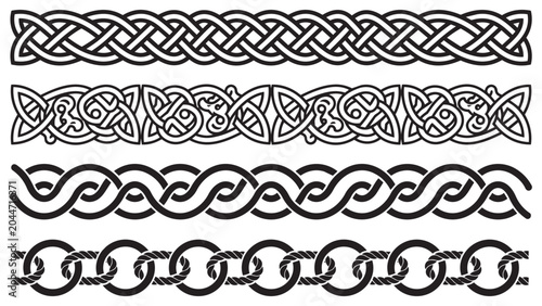 Black and white decorative celtic borders and linked chain patterns with ornament interlocking isolated decoration abstract traditional geometric heritage ornamental structure detailed