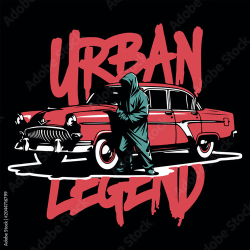 Vintage Red Classic Car with Hooded Figure and Urban Legend Typography. Urban Legend Grunge Graffiti Text with Vintage Muscle Car Illustration. 