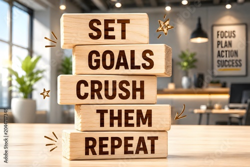 Wooden blocks with words 'Set goals crush them repeat'.
