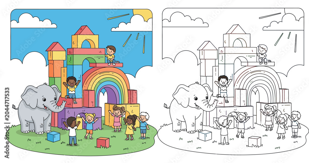 Naklejka premium Cute Cartoon Kids and Tiger Planting Tulips in a Sunny Garden - Childhood Fun and Nature Education