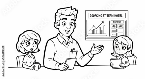 Businessman presenting team performance to two colleagues indoors.
