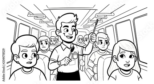 Cheerful bus conductor giving presentation to passengers inside vehicle.
