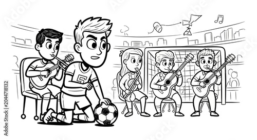 Cartoon Boys Playing Soccer While Band Performs Nearby.