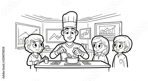 Chef teaching children about stock market basics creatively.