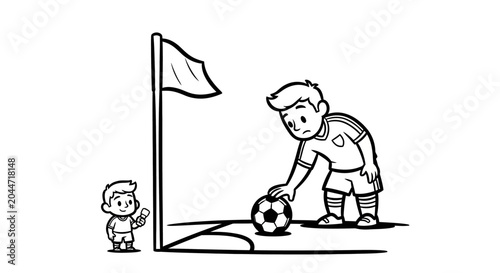 Young boy playing soccer with toddler watching nearby.